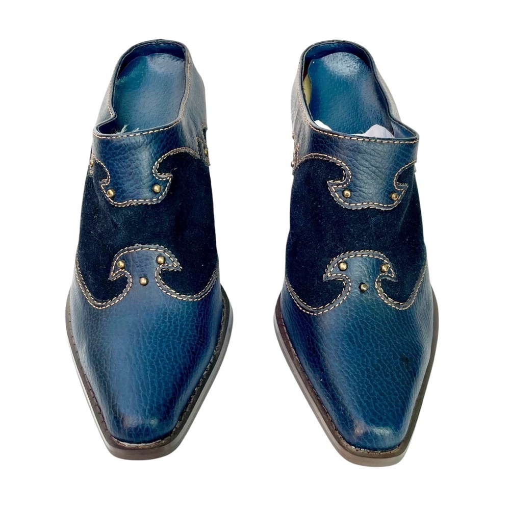 Vintage Coastal Cowgirl Western Navy Blue Suede Leather Mule Heels Size 6 - Picture 2 of 16